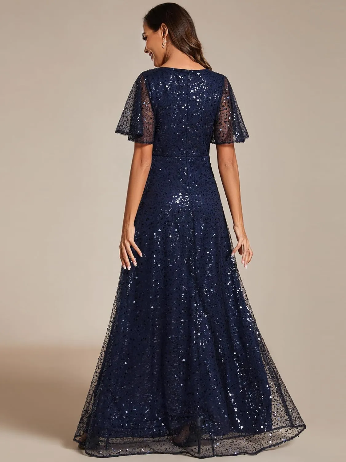 Ever-Pretty Women's Elegant Sequin Short Ruffle Sleeve Embroidery A-Line Evening Dress Formal Wedding Maxi Dress 02120-PH