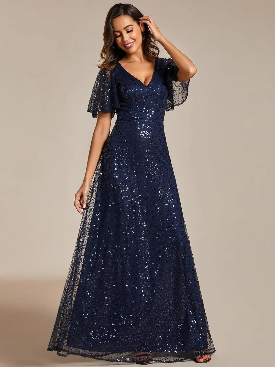 Ever-Pretty Women's Elegant Sequin Short Ruffle Sleeve Embroidery A-Line Evening Dress Formal Wedding Maxi Dress 02120-PH