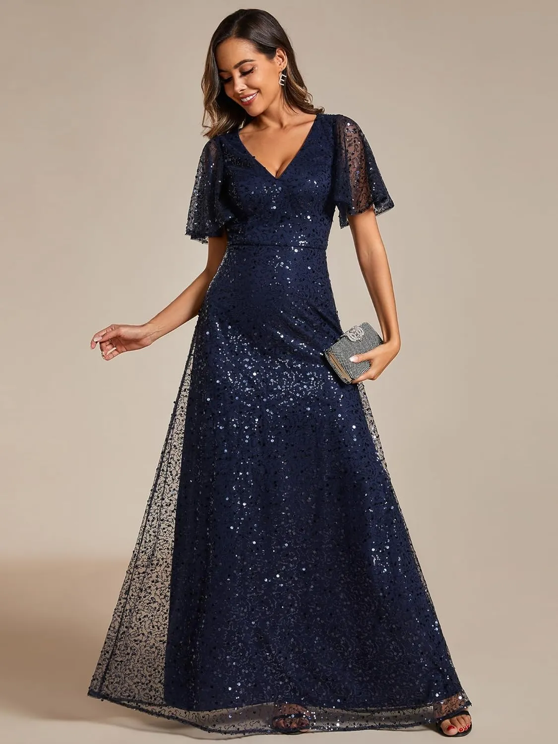 Ever-Pretty Women's Elegant Sequin Short Ruffle Sleeve Embroidery A-Line Evening Dress Formal Wedding Maxi Dress 02120-PH