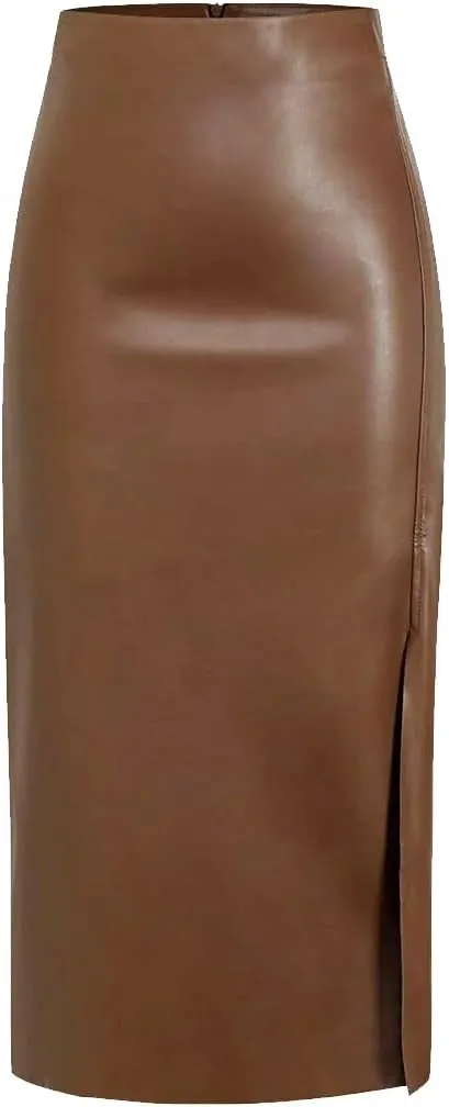 Ezcosplay Women High Waisted Faux Leather Side Slit Skirt PU Leather Bodycon Split Thigh Long Skirt