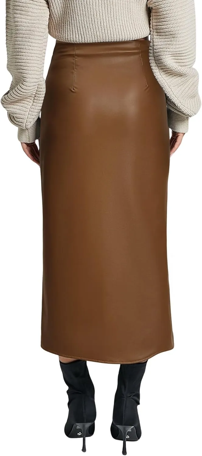 Ezcosplay Women High Waisted Faux Leather Side Slit Skirt PU Leather Bodycon Split Thigh Long Skirt
