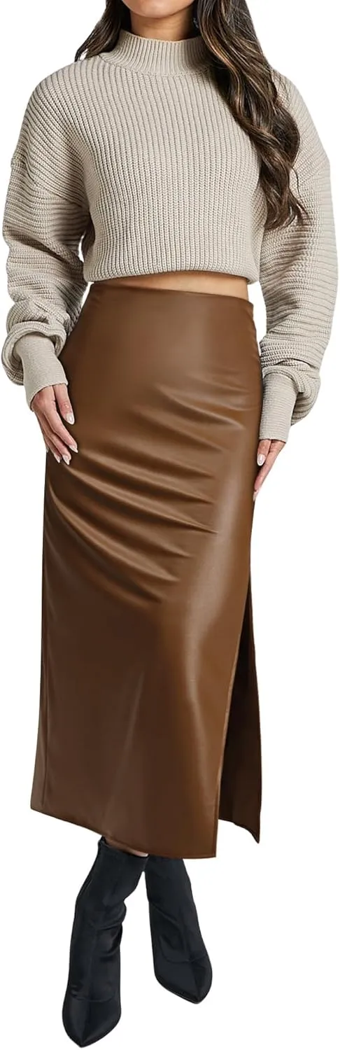 Ezcosplay Women High Waisted Faux Leather Side Slit Skirt PU Leather Bodycon Split Thigh Long Skirt