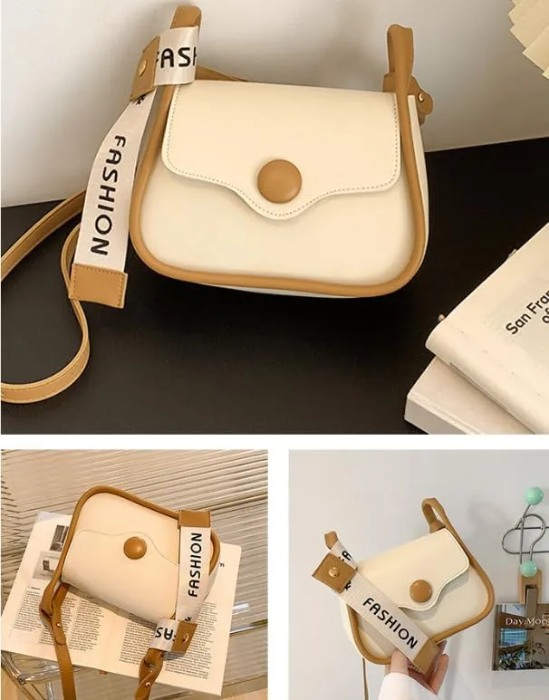 Fashion Crossbody Bag with Contrast Strap, Faux Leather, Cream and Brown