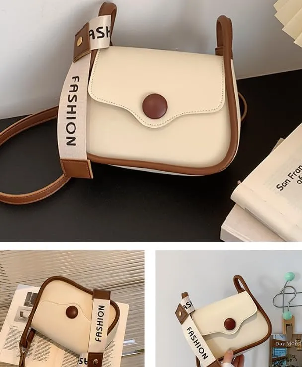 Fashion Crossbody Bag with Contrast Strap, Faux Leather, Cream and Brown