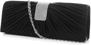 Fashion Rhinestones Decor Evening Clutch Bag Pleated Bridal Bag for Women Satin Material Magnetic Snap Closure Id Wallet Cell Phone Pocket (27 * 10 * 6cm)