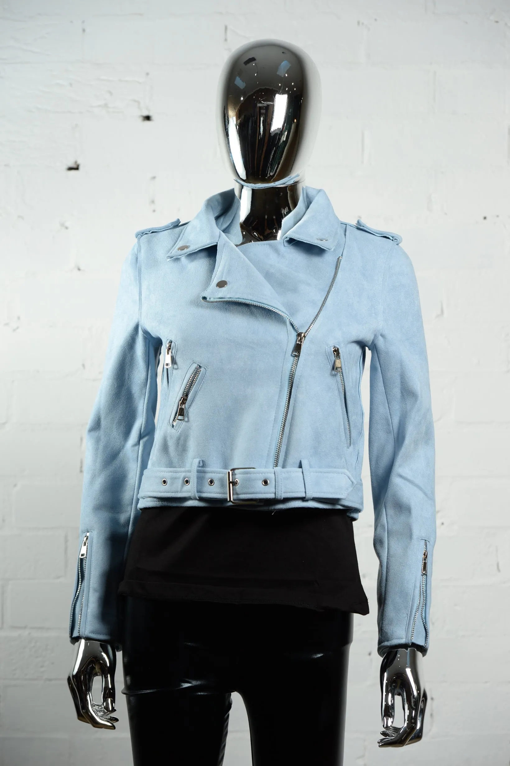 Faux Suede Biker Jacket  Light Blue