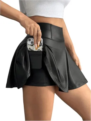 Floerns Women's PU Leather Skort High Waisted Flowy A Line Mini Skater Skirt Shorts