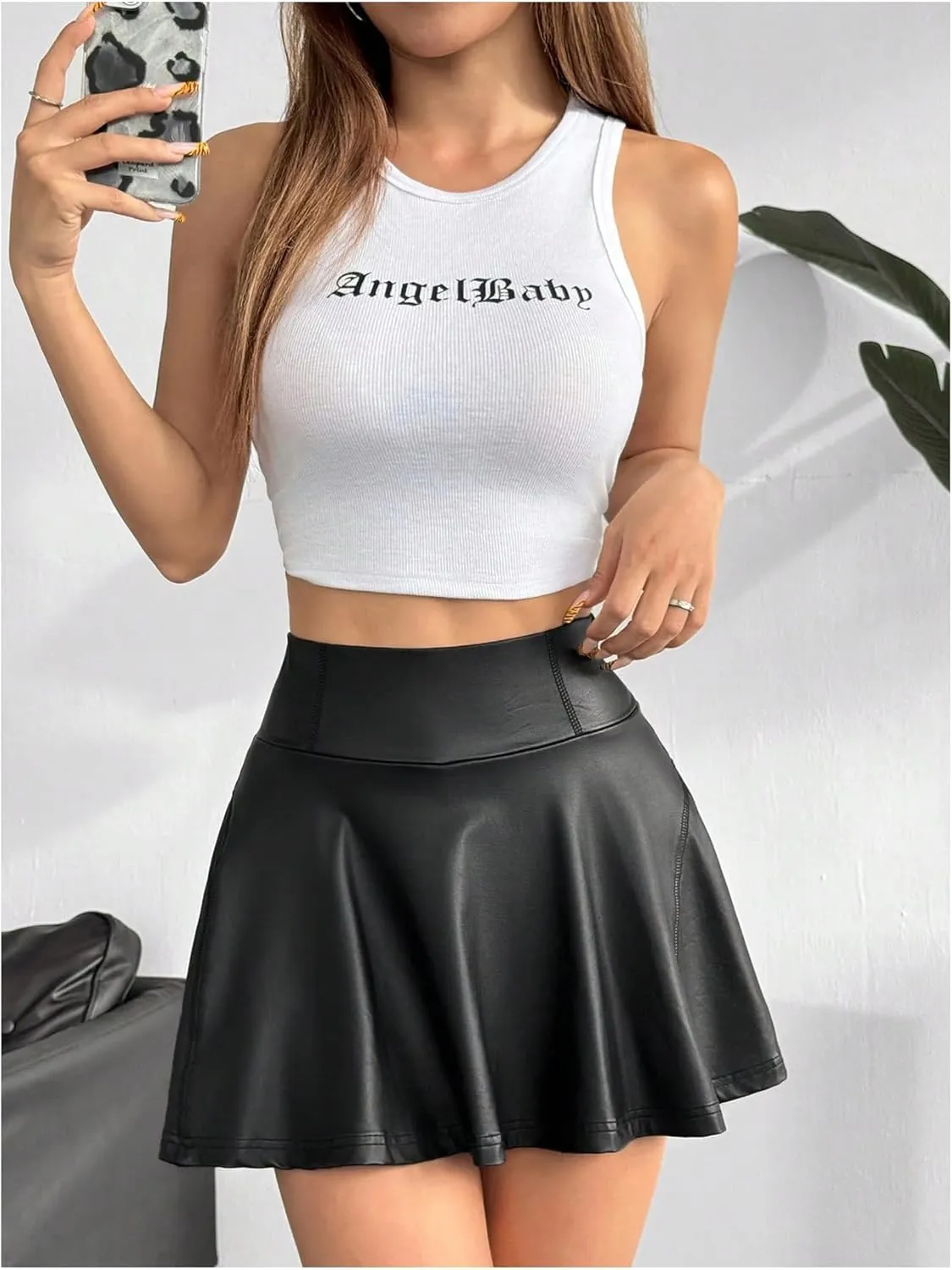 Floerns Women's PU Leather Skort High Waisted Flowy A Line Mini Skater Skirt Shorts