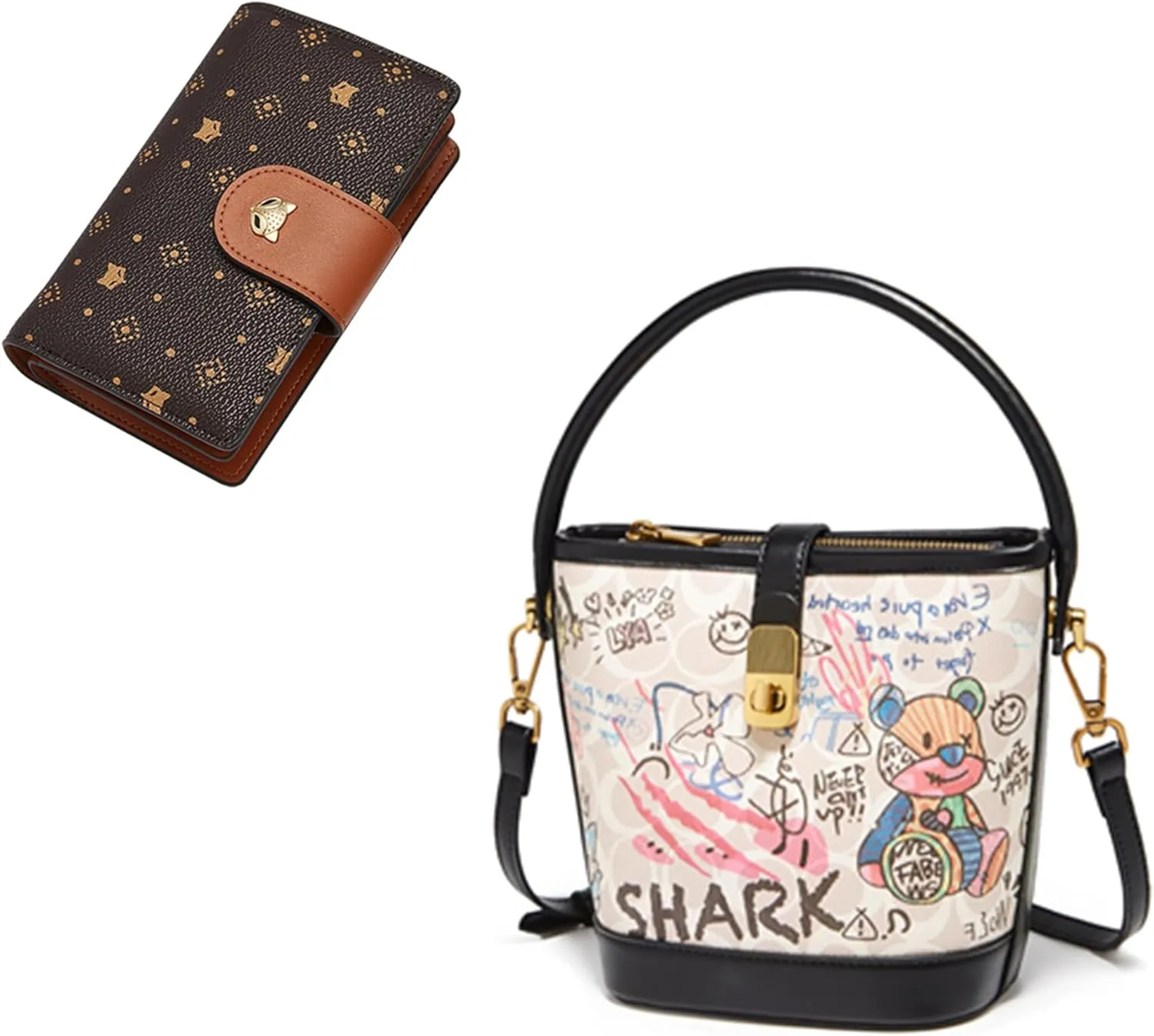 FOXLOVER Fabric Bucket Crossbody Bags and Blocking Bifold Wallets for Women
