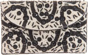 FSX Beaded Evening Clutch Purse, Black & White Elegant Pattern Convertible Crossbody Convertible Crossbody