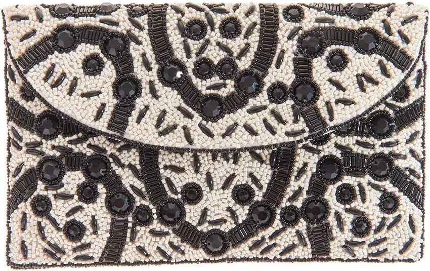 FSX Beaded Evening Clutch Purse, Black & White Elegant Pattern Convertible Crossbody Convertible Crossbody