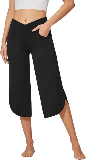 G4Free Capri Pants for Women Wide Leg Yoga Pants for Summer Flowy Capris Loose Casual Cropped Pants with Pockets