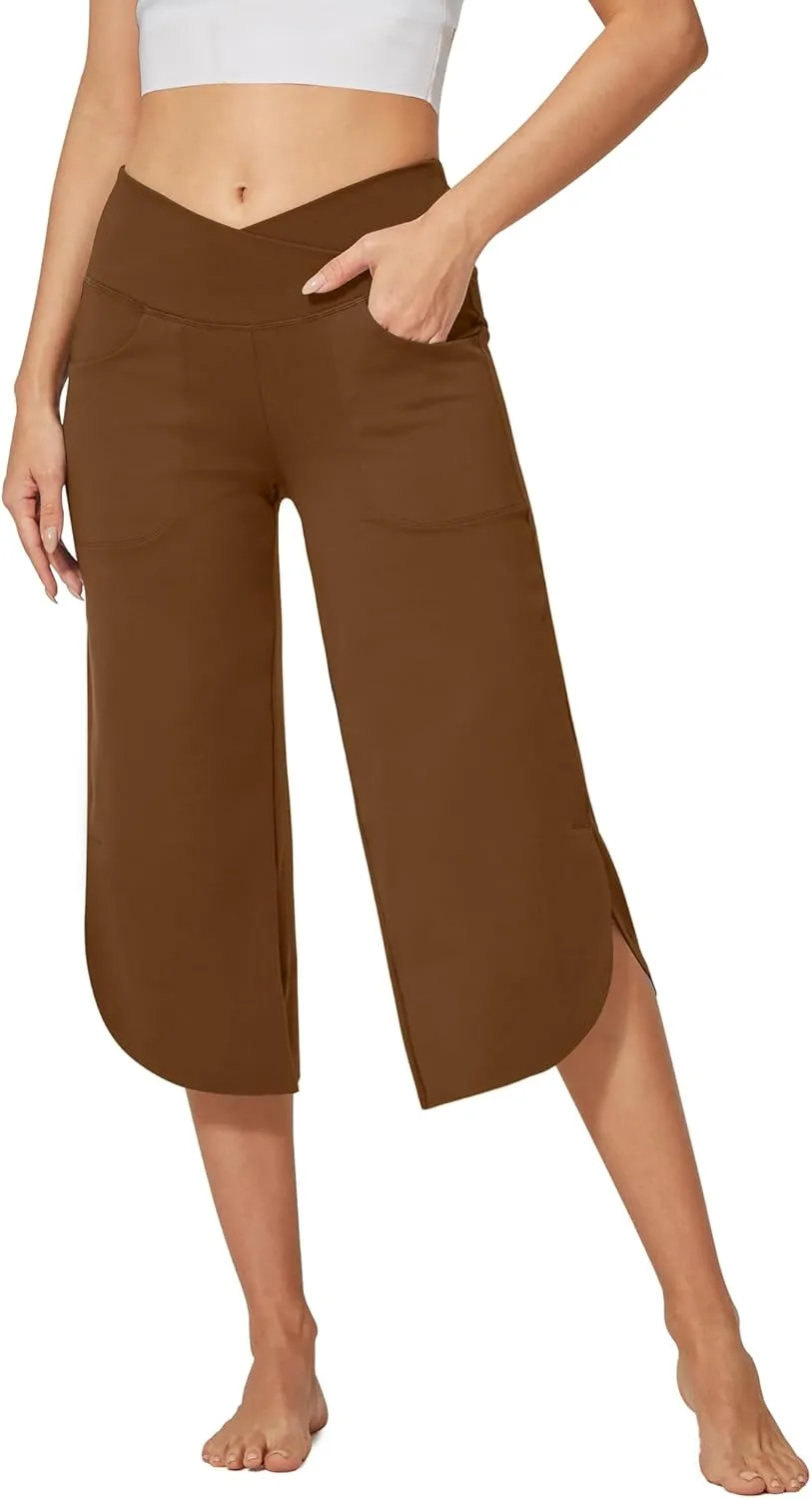 G4Free Capri Pants for Women Wide Leg Yoga Pants for Summer Flowy Capris Loose Casual Cropped Pants with Pockets