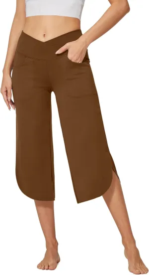 G4Free Capri Pants for Women Wide Leg Yoga Pants for Summer Flowy Capris Loose Casual Cropped Pants with Pockets