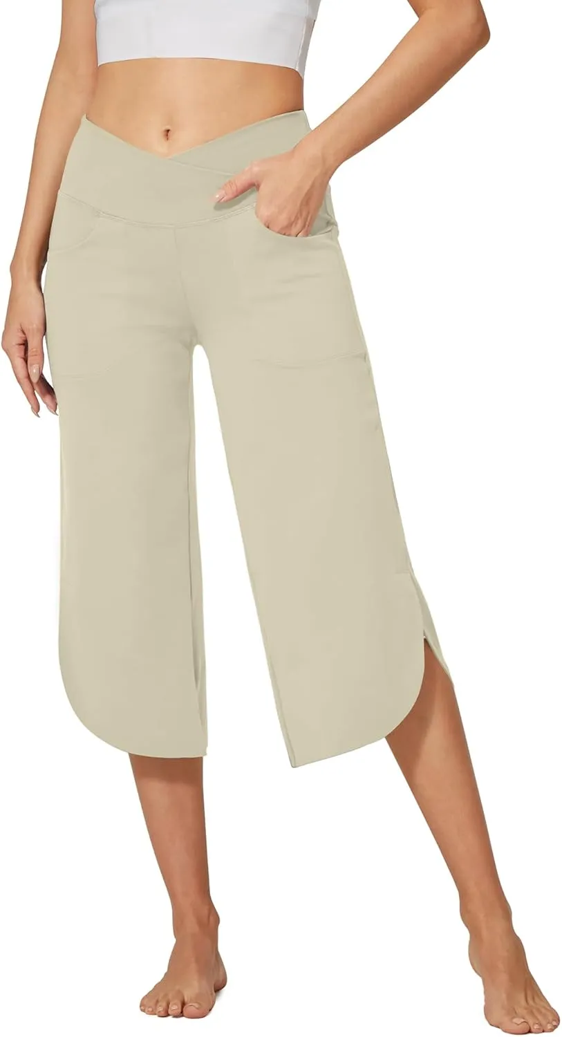 G4Free Capri Pants for Women Wide Leg Yoga Pants for Summer Flowy Capris Loose Casual Cropped Pants with Pockets
