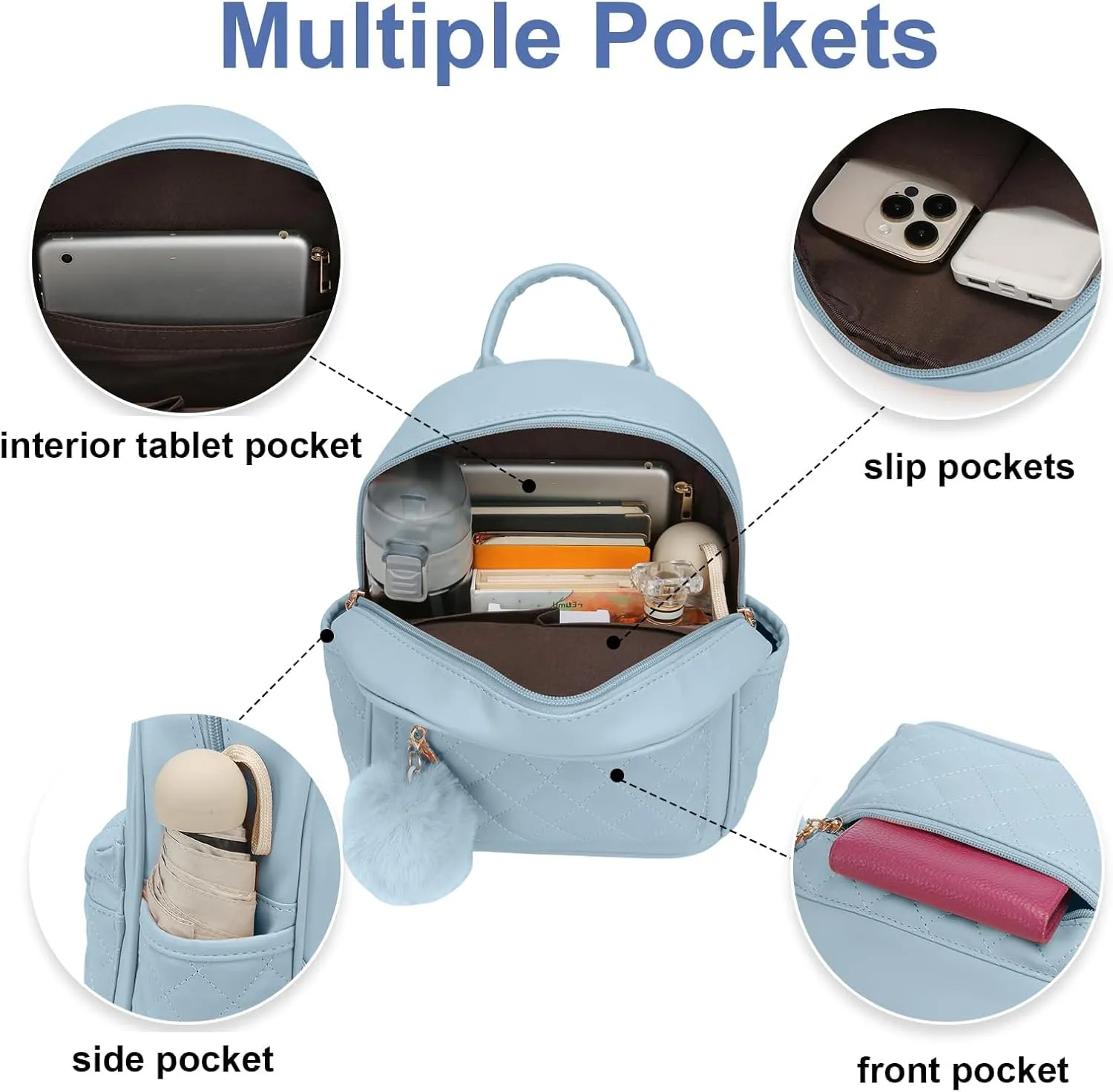 Girls Fashion Mini Backpack Purse Small Cute Plaid Leather Women Backpacks Little Bag, Mint Blue