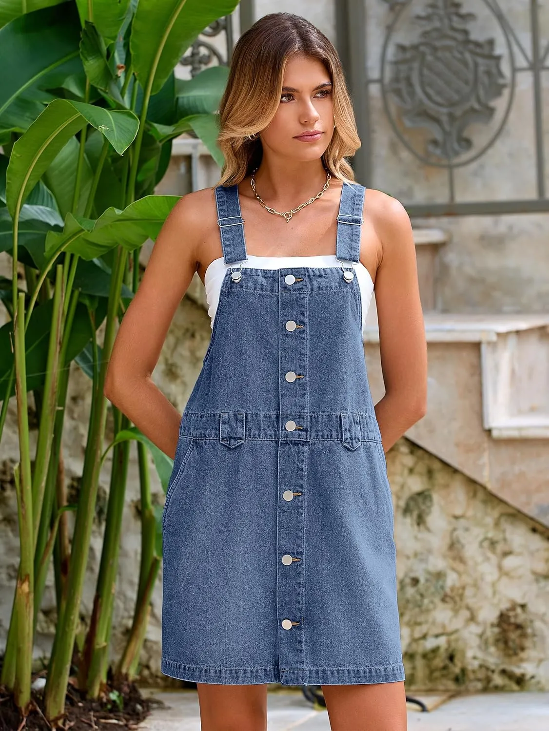 Glamaker Women's Denim Overall Dress Jean Sleeveless 2025 Mini Pinafore Shorts Jumper Button Dress with Pocket