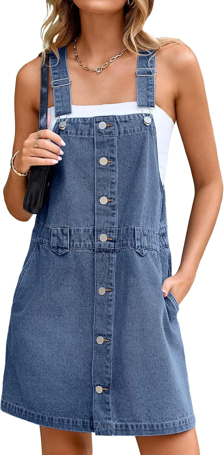 Glamaker Women's Denim Overall Dress Jean Sleeveless 2025 Mini Pinafore Shorts Jumper Button Dress with Pocket