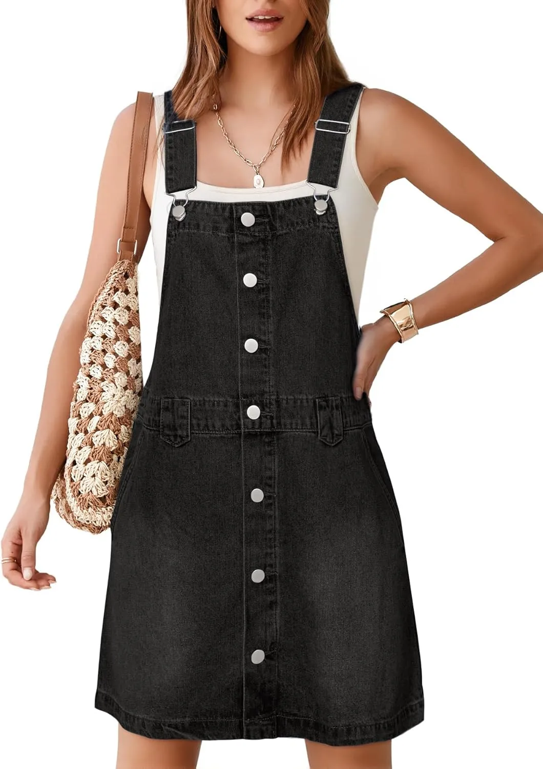 Glamaker Women's Denim Overall Dress Jean Sleeveless 2025 Mini Pinafore Shorts Jumper Button Dress with Pocket
