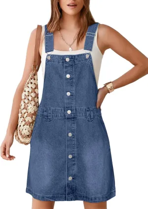 Glamaker Women's Denim Overall Dress Jean Sleeveless 2025 Mini Pinafore Shorts Jumper Button Dress with Pocket
