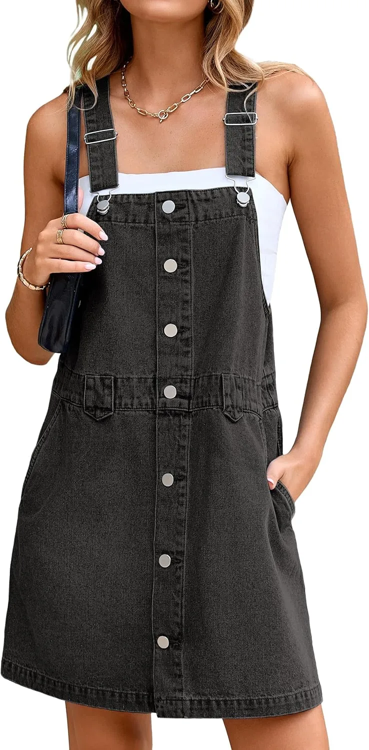 Glamaker Women's Denim Overall Dress Jean Sleeveless 2025 Mini Pinafore Shorts Jumper Button Dress with Pocket