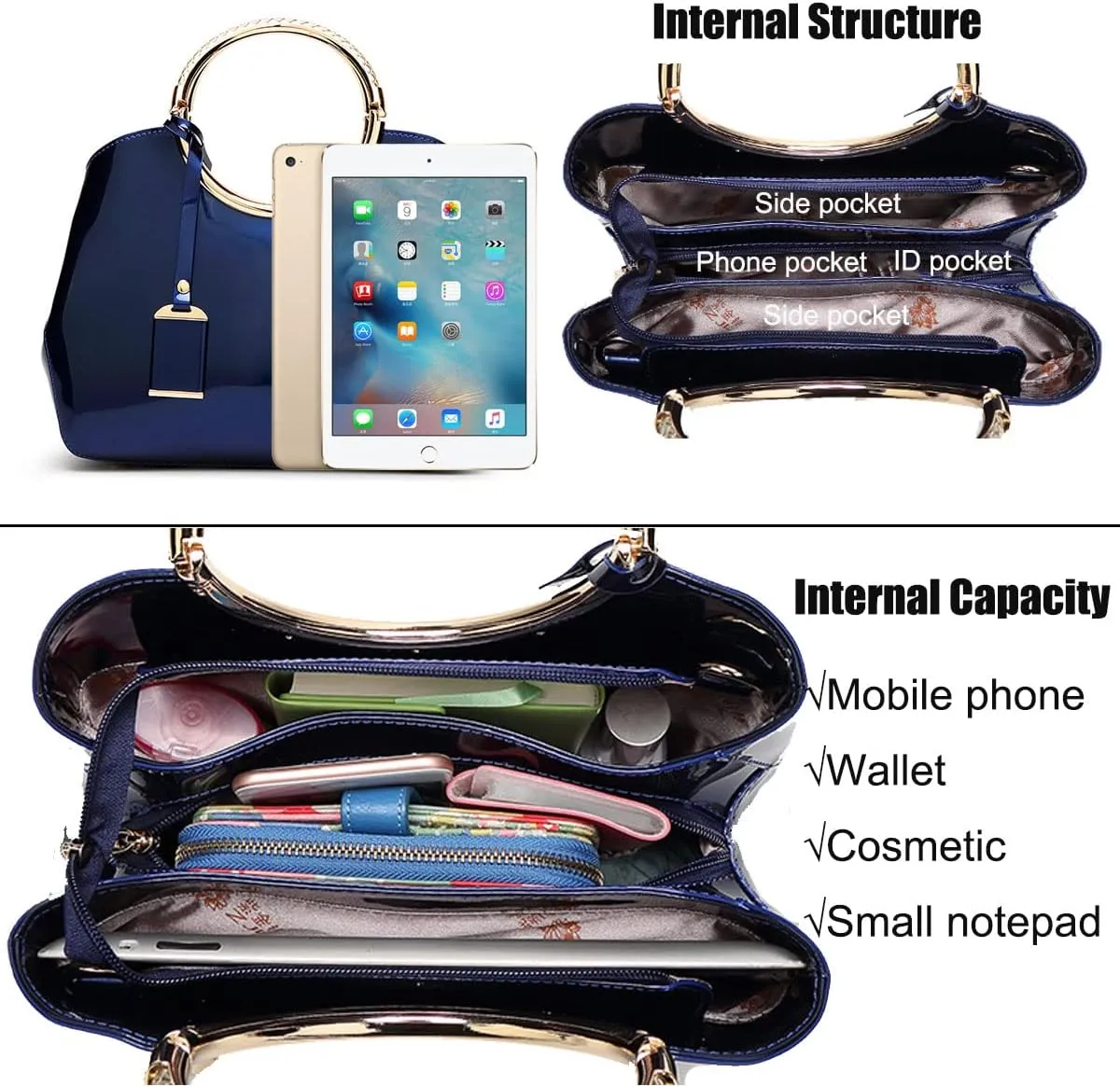 Glossy Women Handbag Patent Leather Shoulder Bag Shiny Satchel Evening Top Handle Purse Party Tote Crossbody Bag