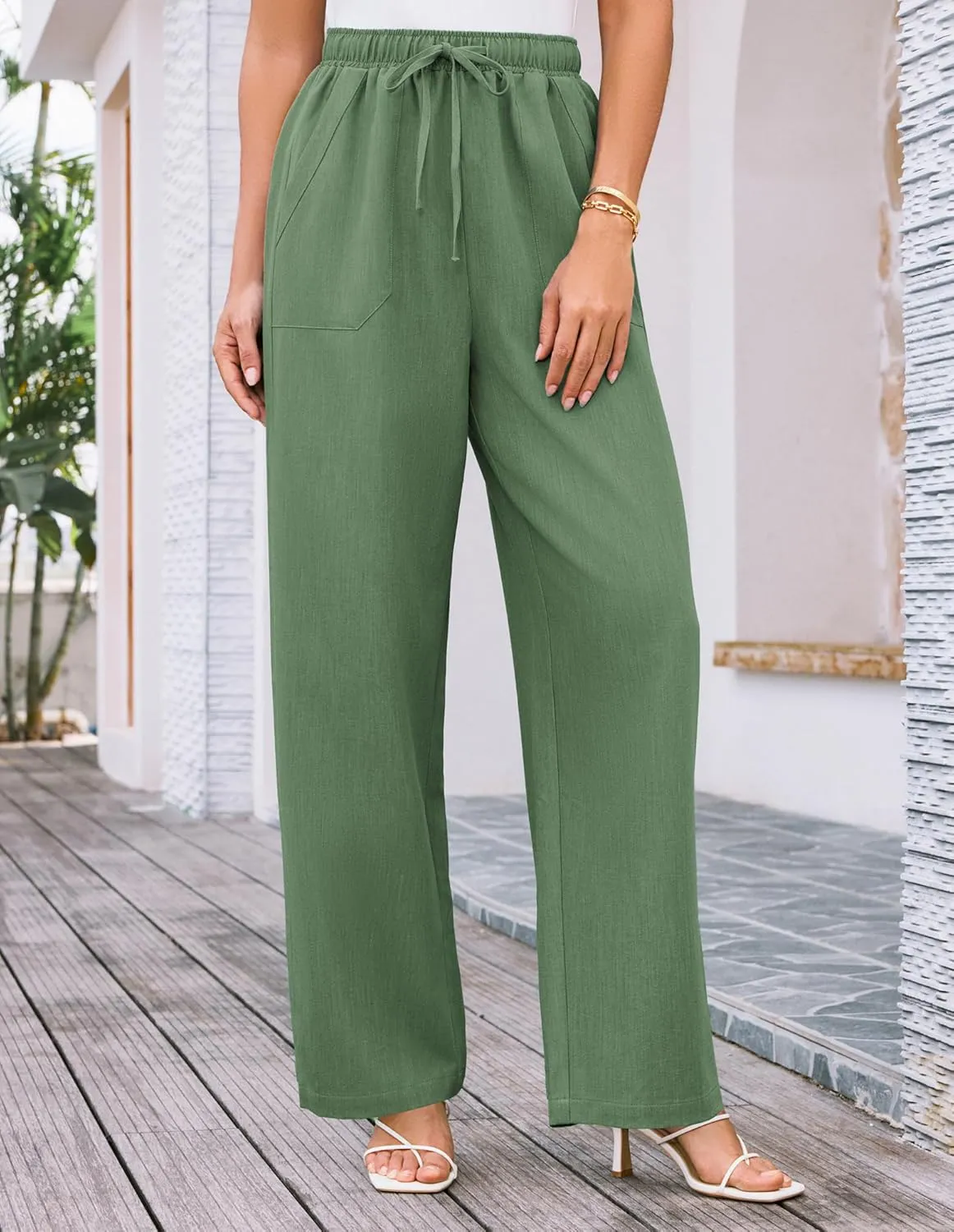 GRACE KARIN Women's Wide Leg Casual Pants Summer Lightweight Drawstring Elastic Waist Lounge Beach Palazzo with Pockets