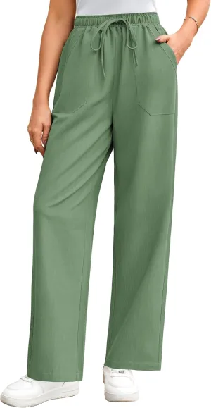 GRACE KARIN Women's Wide Leg Casual Pants Summer Lightweight Drawstring Elastic Waist Lounge Beach Palazzo with Pockets