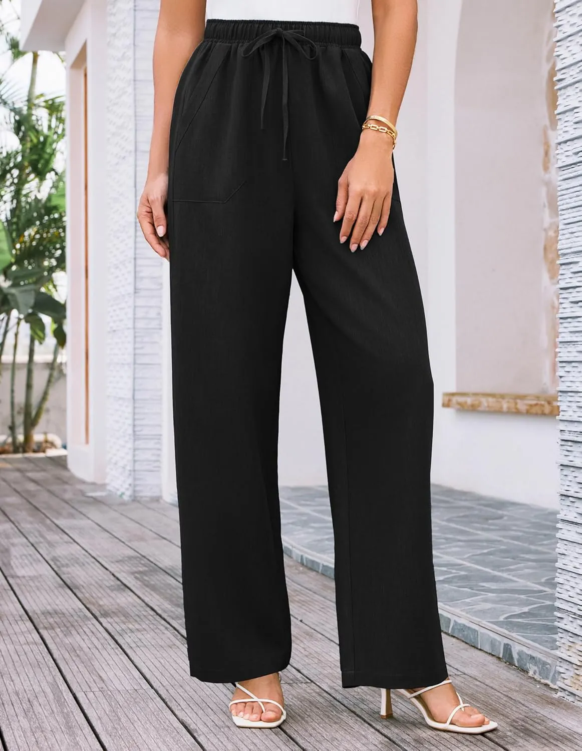 GRACE KARIN Women's Wide Leg Casual Pants Summer Lightweight Drawstring Elastic Waist Lounge Beach Palazzo with Pockets
