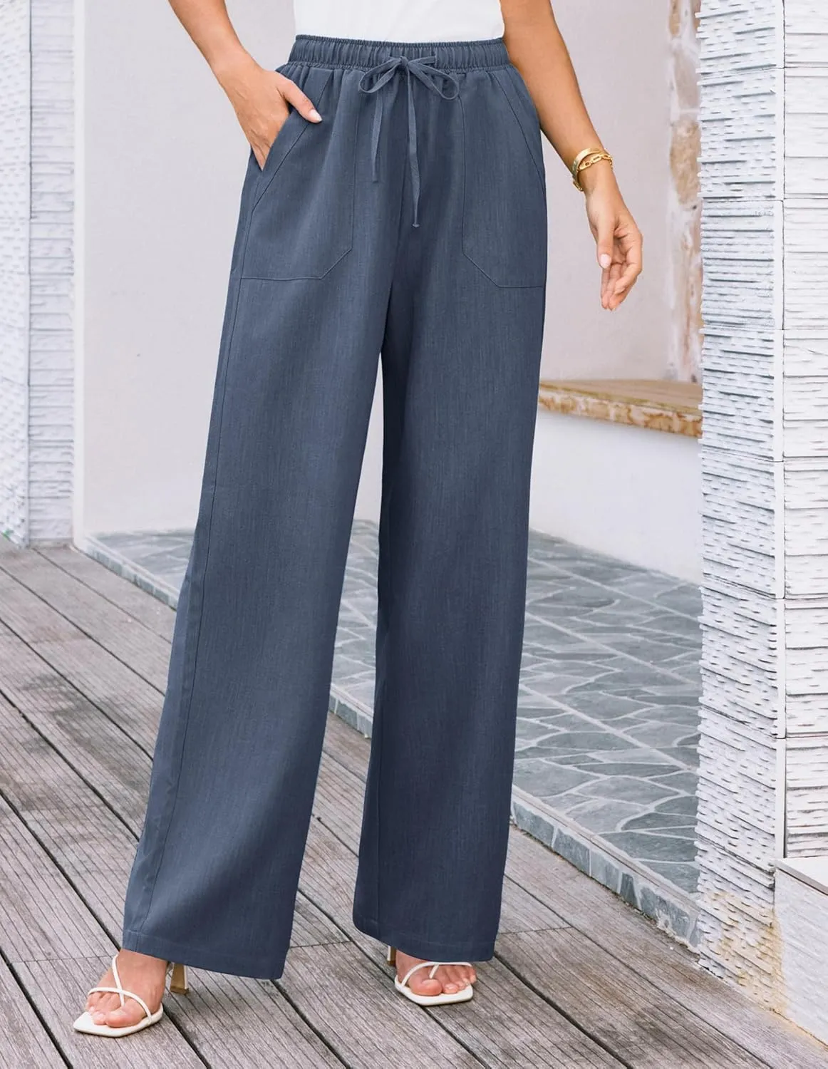 GRACE KARIN Women's Wide Leg Casual Pants Summer Lightweight Drawstring Elastic Waist Lounge Beach Palazzo with Pockets