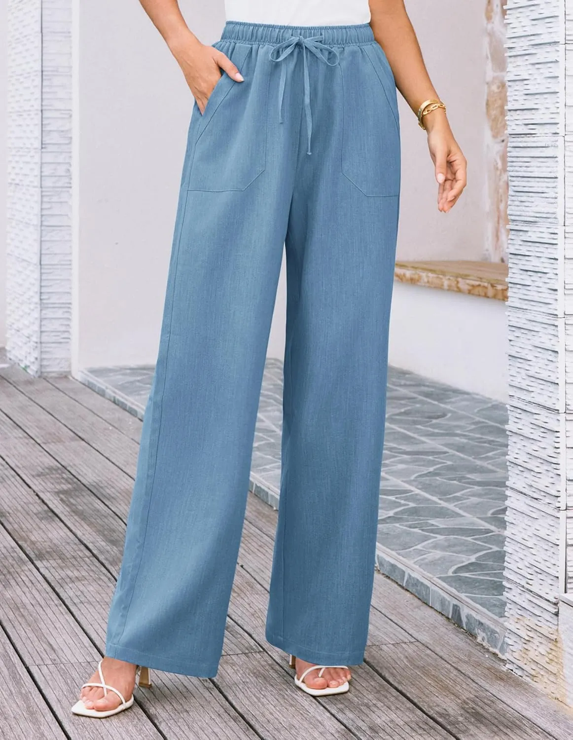 GRACE KARIN Women's Wide Leg Casual Pants Summer Lightweight Drawstring Elastic Waist Lounge Beach Palazzo with Pockets