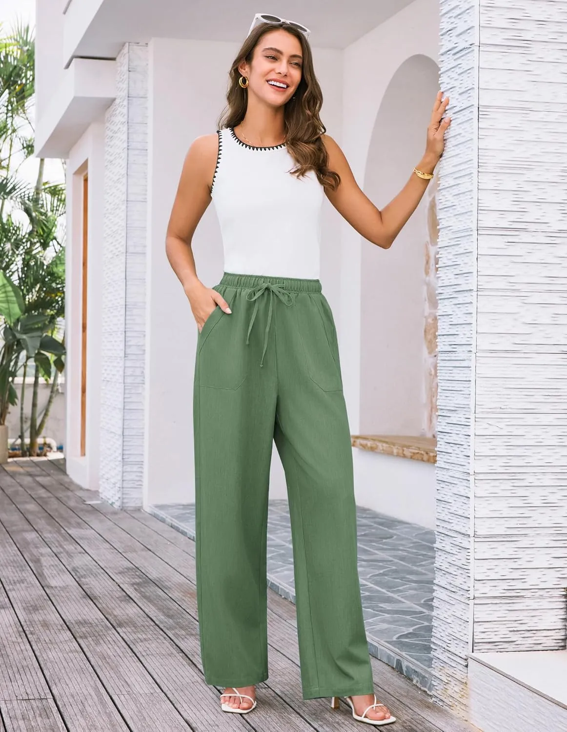 GRACE KARIN Women's Wide Leg Casual Pants Summer Lightweight Drawstring Elastic Waist Lounge Beach Palazzo with Pockets