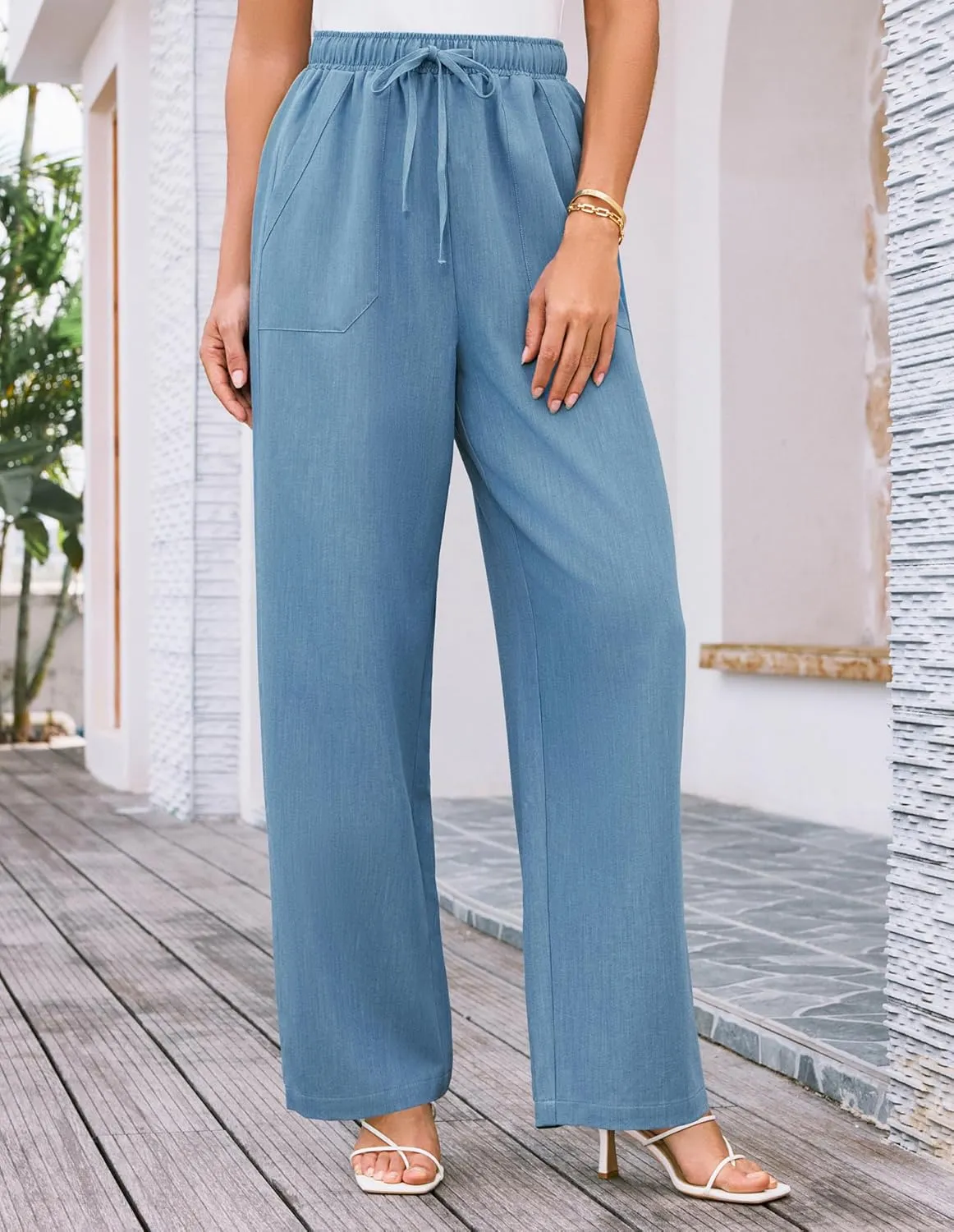 GRACE KARIN Women's Wide Leg Casual Pants Summer Lightweight Drawstring Elastic Waist Lounge Beach Palazzo with Pockets