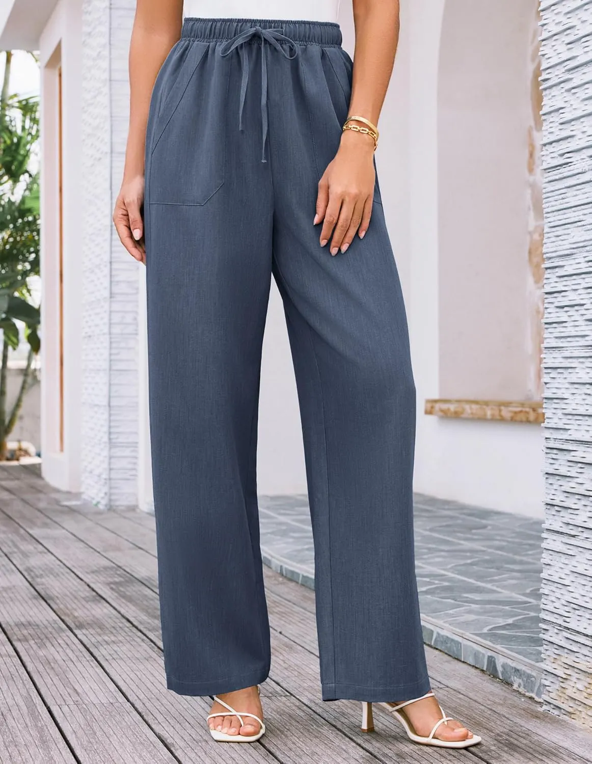 GRACE KARIN Women's Wide Leg Casual Pants Summer Lightweight Drawstring Elastic Waist Lounge Beach Palazzo with Pockets