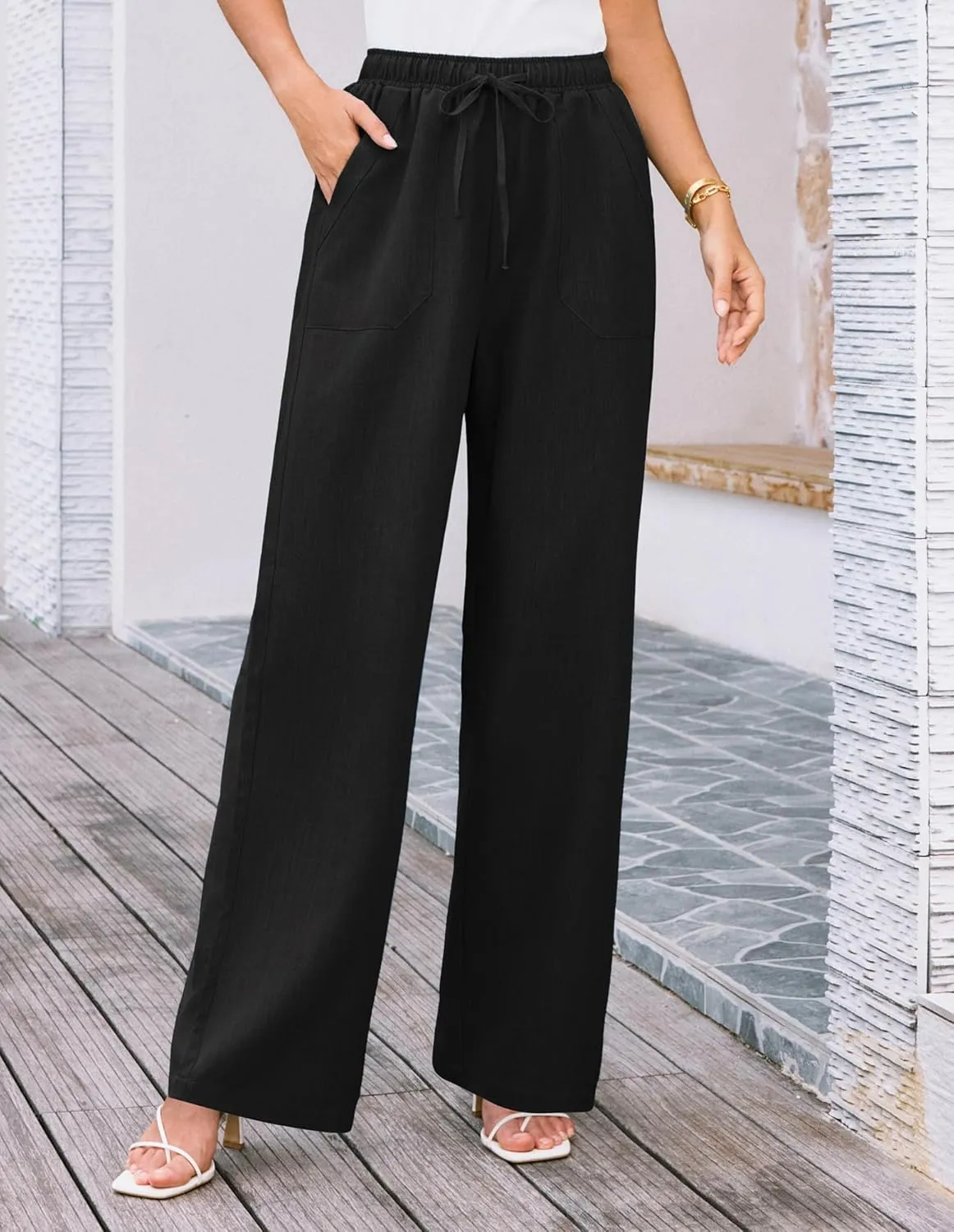 GRACE KARIN Women's Wide Leg Casual Pants Summer Lightweight Drawstring Elastic Waist Lounge Beach Palazzo with Pockets