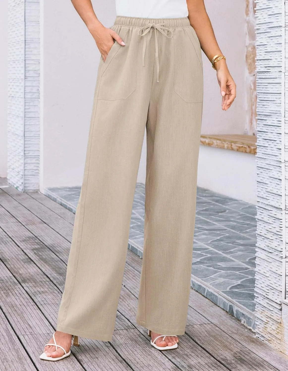 GRACE KARIN Women's Wide Leg Casual Pants Summer Lightweight Drawstring Elastic Waist Lounge Beach Palazzo with Pockets