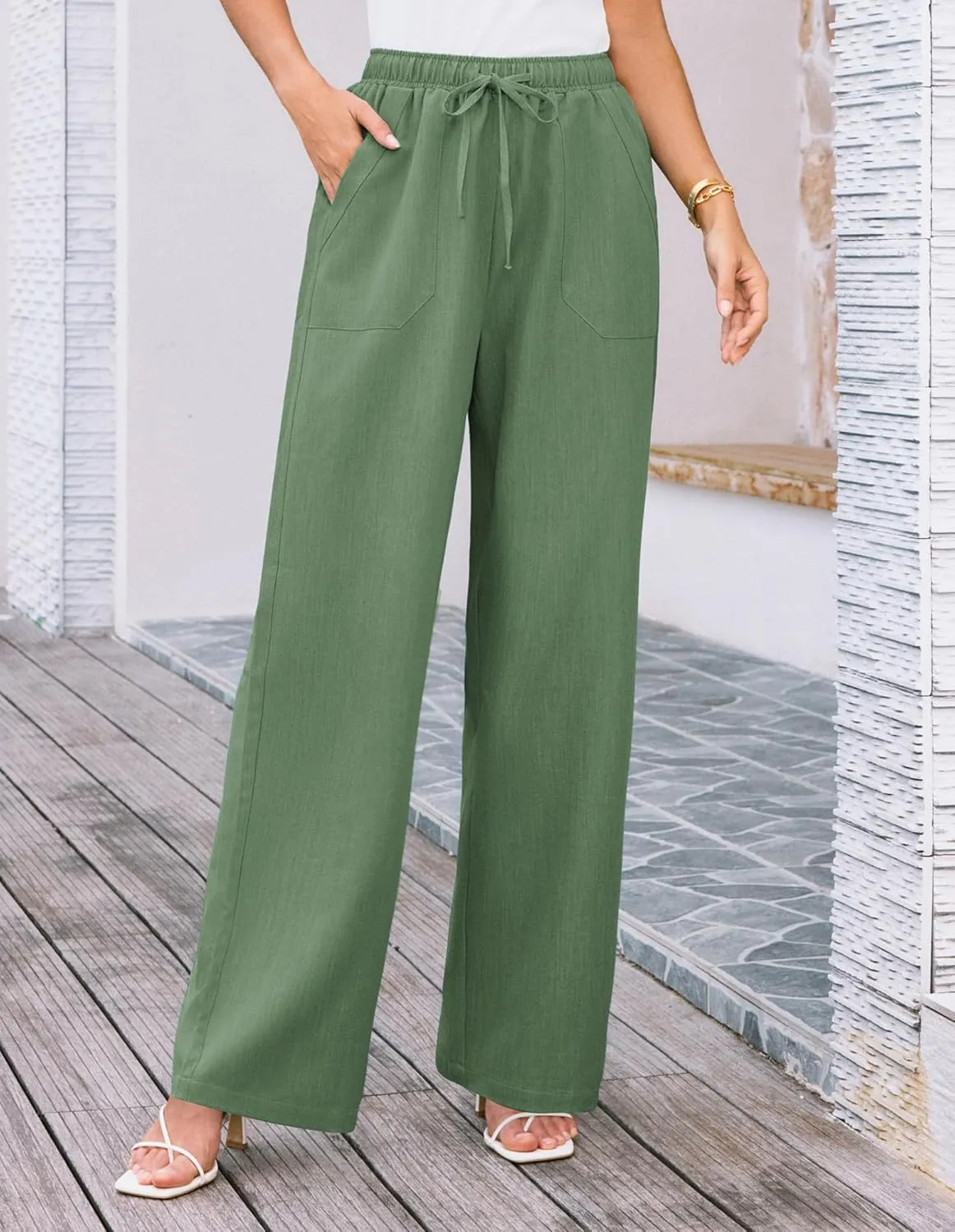 GRACE KARIN Women's Wide Leg Casual Pants Summer Lightweight Drawstring Elastic Waist Lounge Beach Palazzo with Pockets