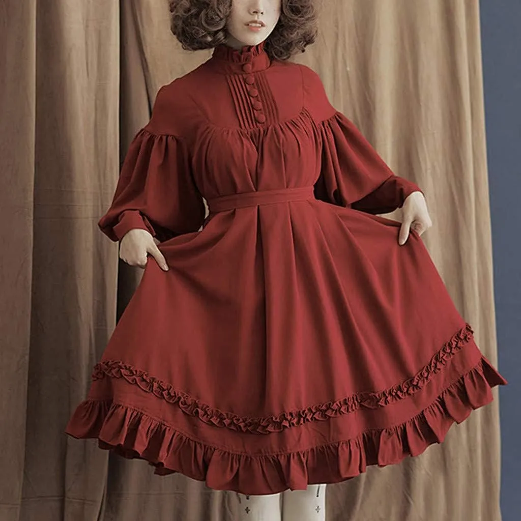 Halloween Lolita Dress for Women Long Sleeve Dresses Plus Size Renaissance Prom Dress Ruffle Swing Dress