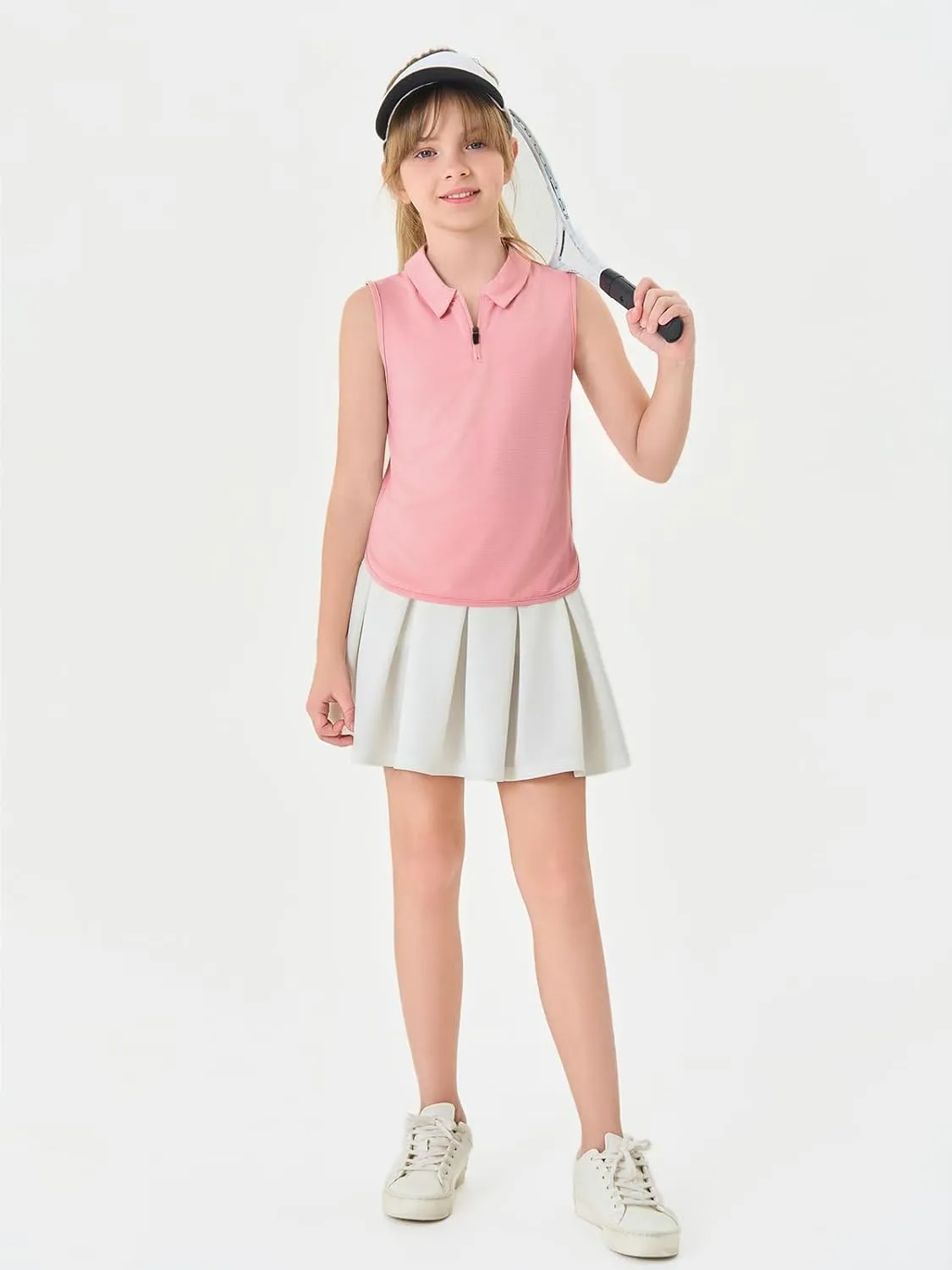 Haloumoning Girls Athletic Sleeveless Golf Polo Shirts Kids Quarter Zip Quick Dry Workout Tank Tops 5-14 Years