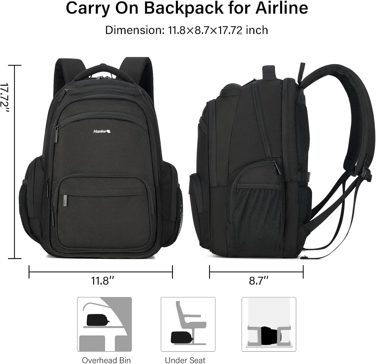 Hanke 18 Inch Travel Laptop Backpack for Women Men, Multi Pockets Personal Item Backpack 18x14x8 Airline Approved, Lightweight Work Backpack with Luggage Strap, Overninght Weekender Bag(Black)