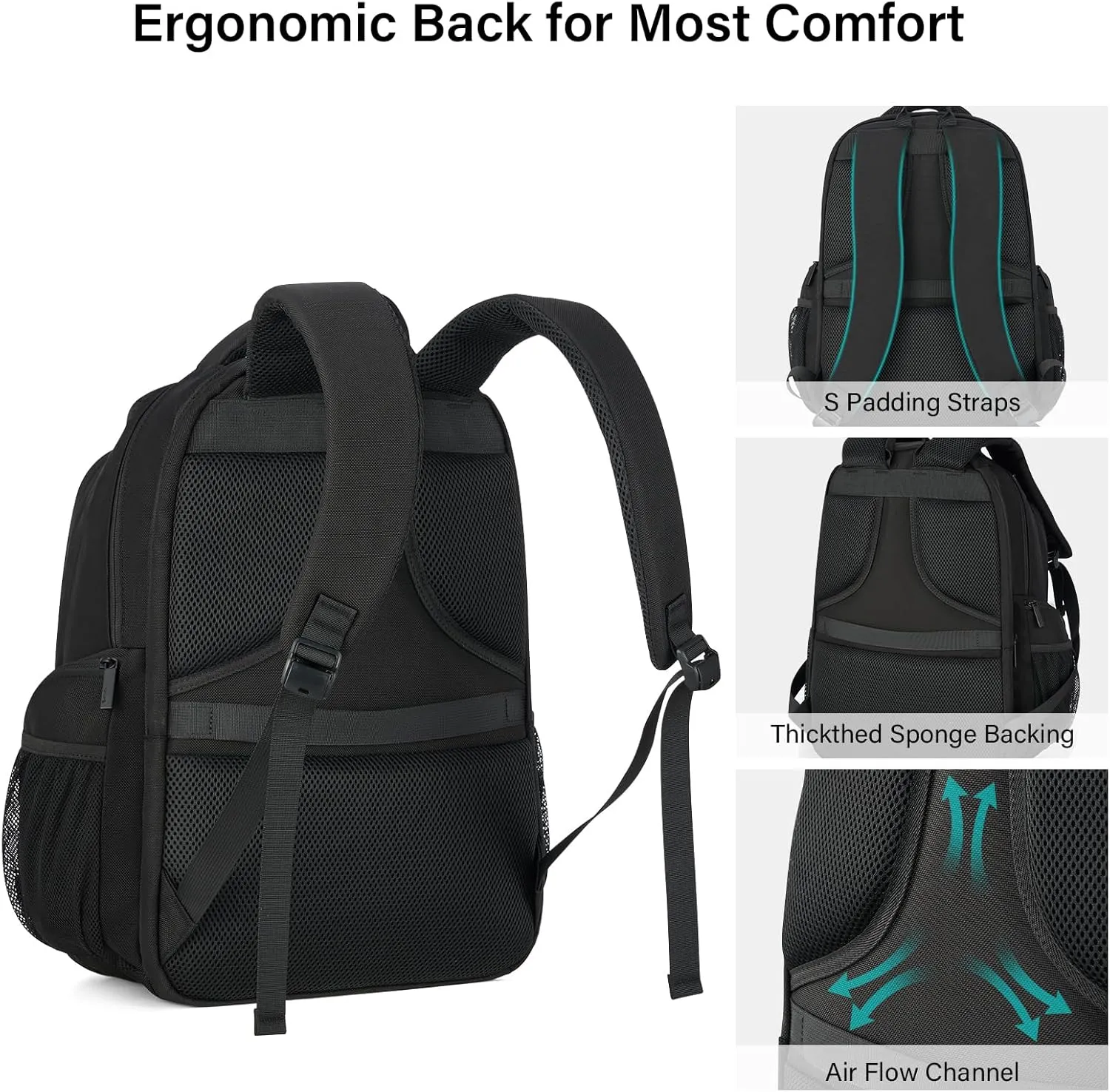 Hanke 18 Inch Travel Laptop Backpack for Women Men, Multi Pockets Personal Item Backpack 18x14x8 Airline Approved, Lightweight Work Backpack with Luggage Strap, Overninght Weekender Bag(Black)