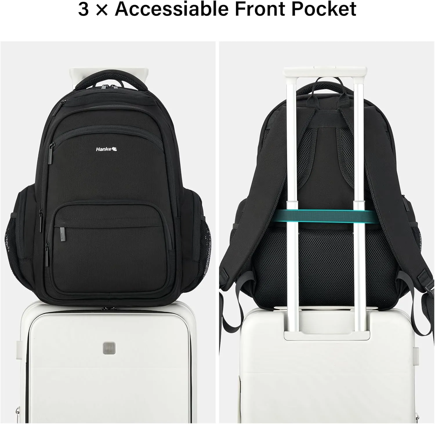 Hanke 18 Inch Travel Laptop Backpack for Women Men, Multi Pockets Personal Item Backpack 18x14x8 Airline Approved, Lightweight Work Backpack with Luggage Strap, Overninght Weekender Bag(Black)