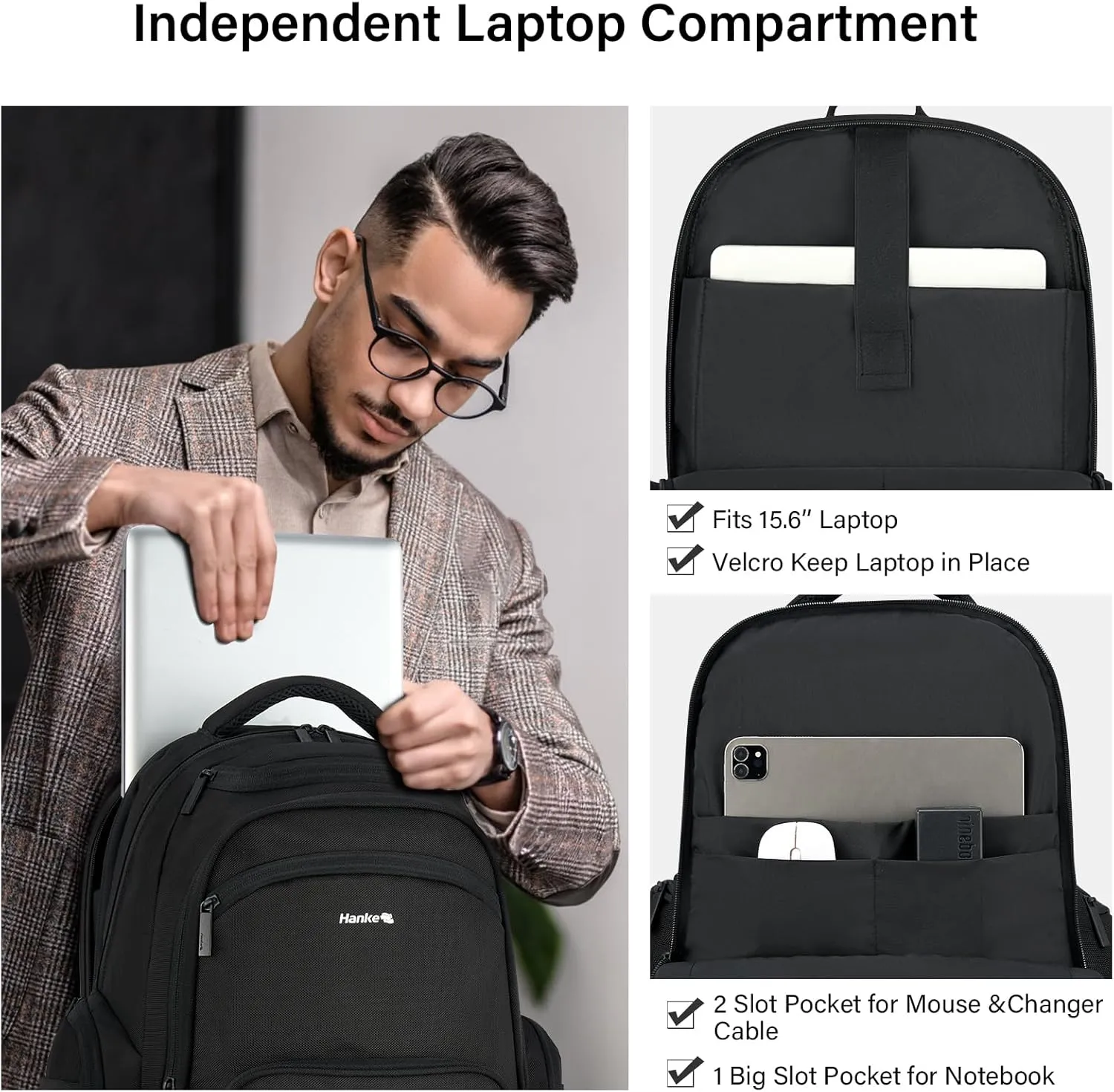 Hanke 18 Inch Travel Laptop Backpack for Women Men, Multi Pockets Personal Item Backpack 18x14x8 Airline Approved, Lightweight Work Backpack with Luggage Strap, Overninght Weekender Bag(Black)