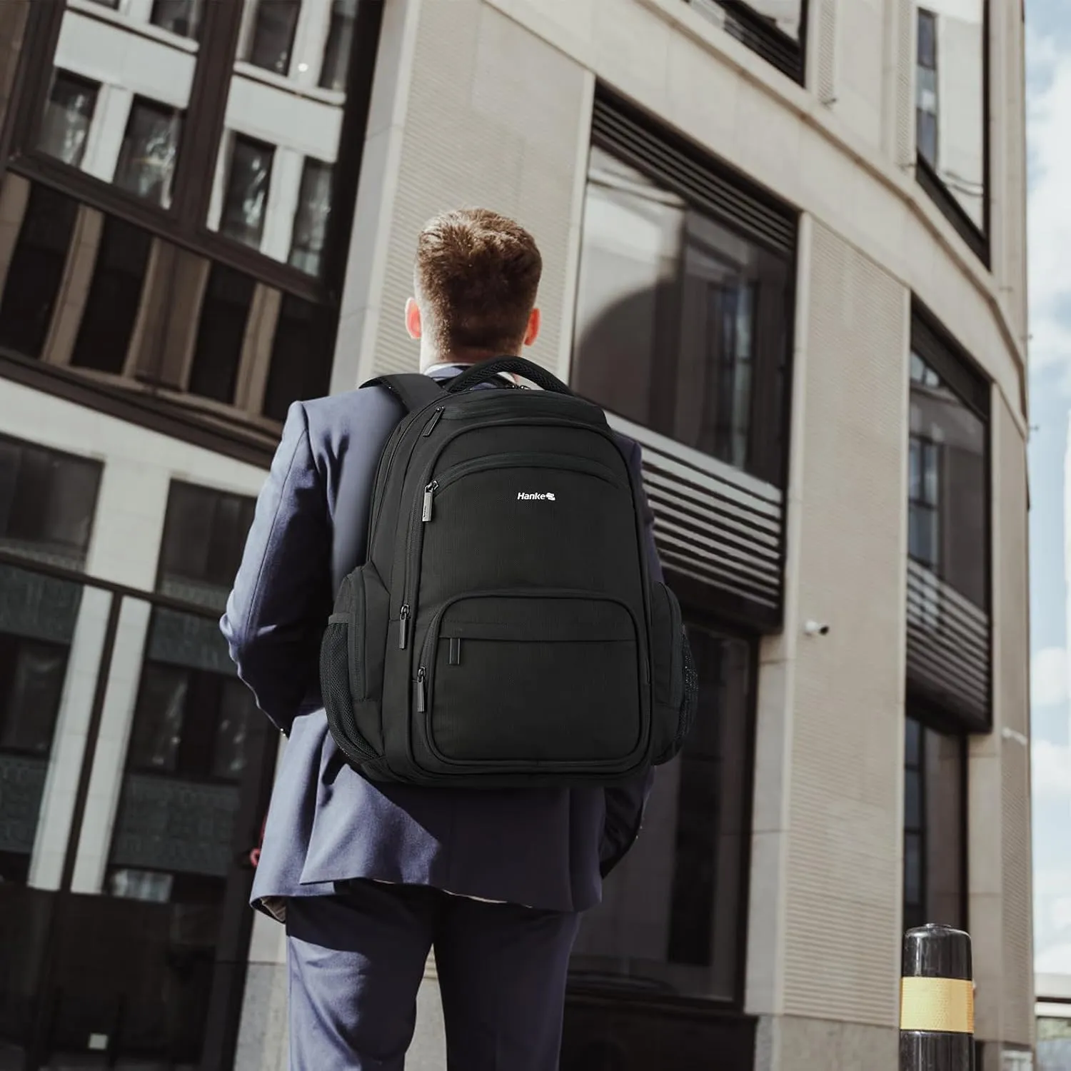 Hanke 18 Inch Travel Laptop Backpack for Women Men, Multi Pockets Personal Item Backpack 18x14x8 Airline Approved, Lightweight Work Backpack with Luggage Strap, Overninght Weekender Bag(Black)