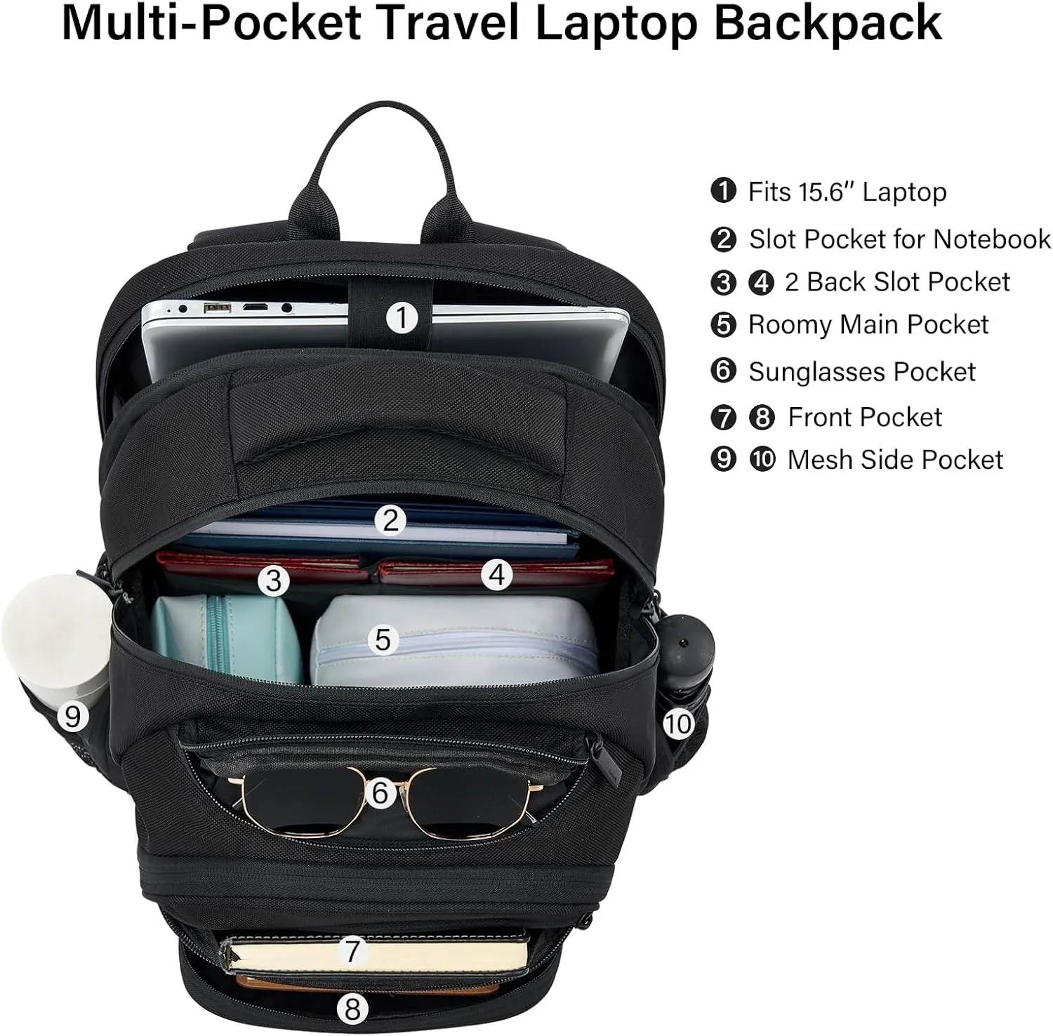 Hanke 18 Inch Travel Laptop Backpack for Women Men, Multi Pockets Personal Item Backpack 18x14x8 Airline Approved, Lightweight Work Backpack with Luggage Strap, Overninght Weekender Bag(Black)