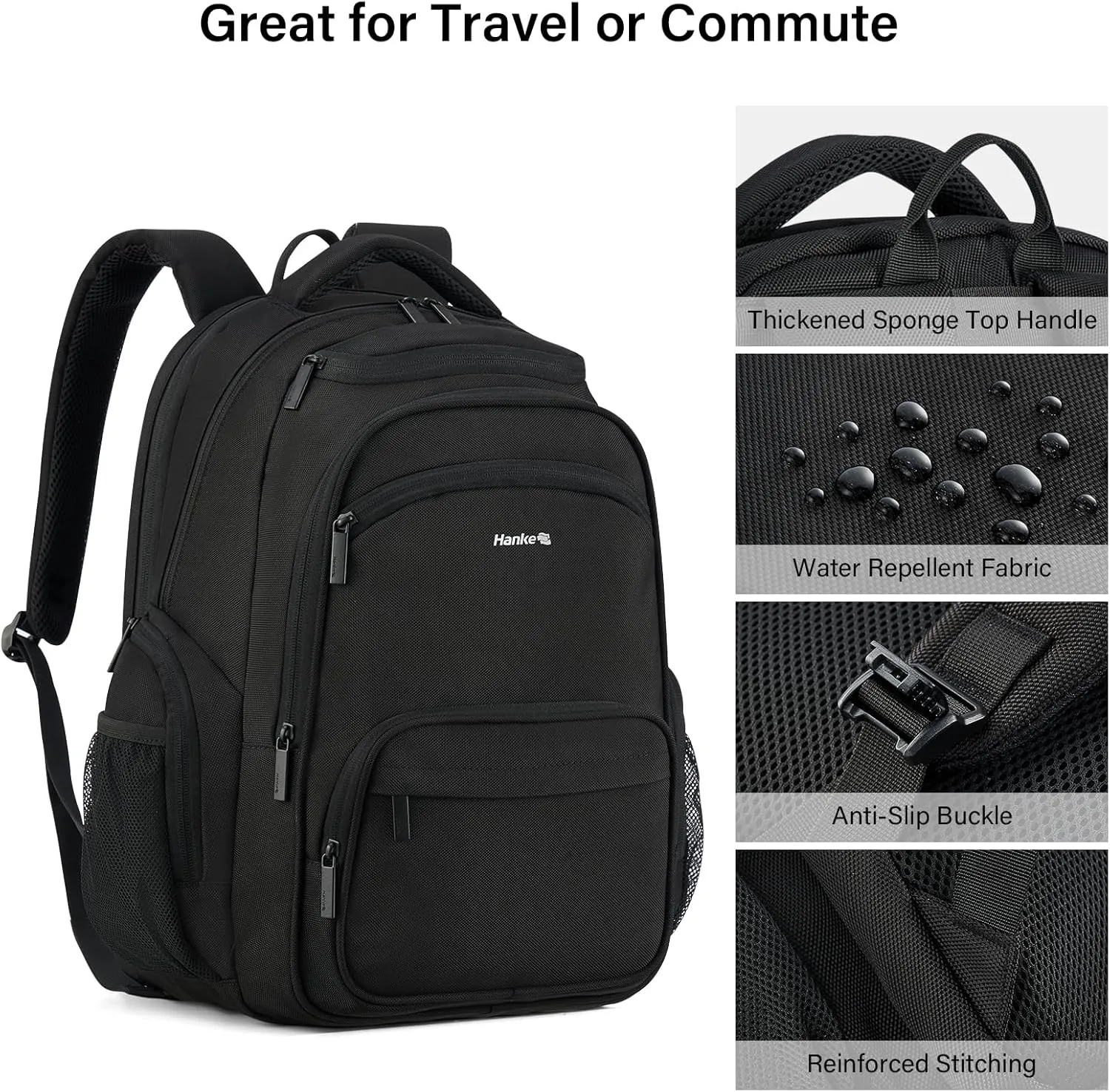 Hanke 18 Inch Travel Laptop Backpack for Women Men, Multi Pockets Personal Item Backpack 18x14x8 Airline Approved, Lightweight Work Backpack with Luggage Strap, Overninght Weekender Bag(Black)