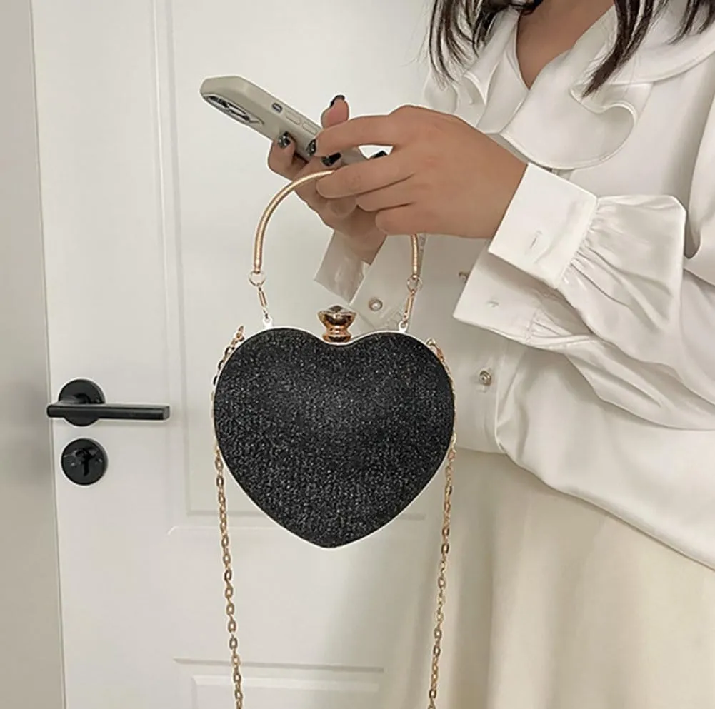 Heart-Shaped Evening Clutch Purse with Crystal Clasp, Gold Chain Strap, 6.3x6.7 inches