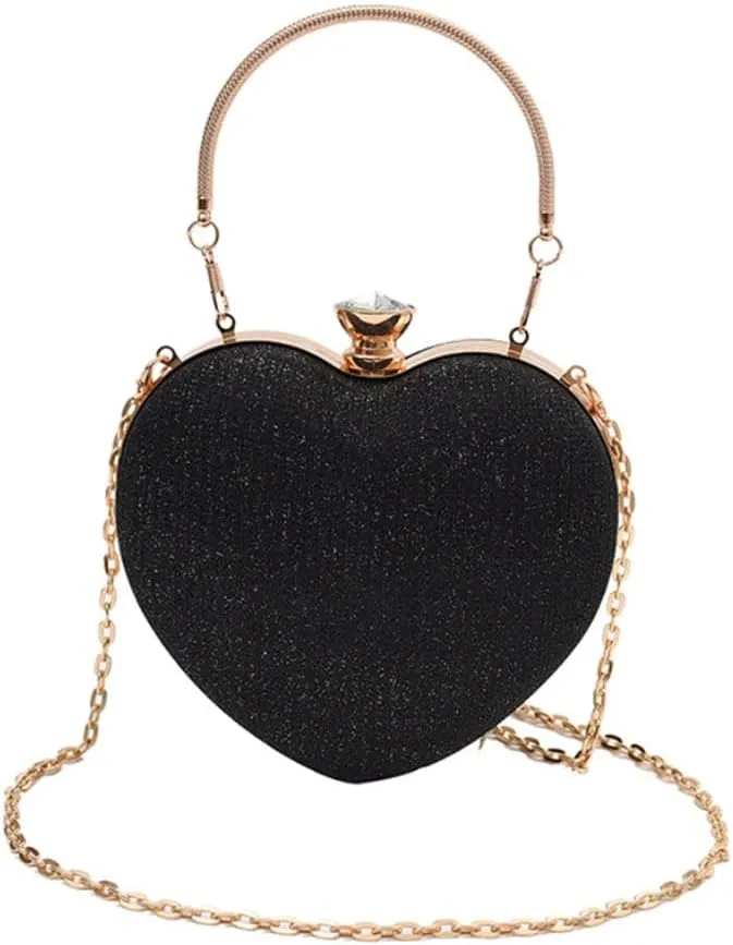 Heart-Shaped Evening Clutch Purse with Crystal Clasp, Gold Chain Strap, 6.3x6.7 inches