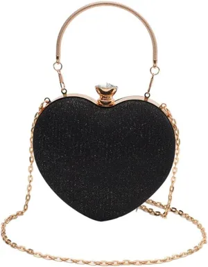 Heart-Shaped Evening Clutch Purse with Crystal Clasp, Gold Chain Strap, 6.3x6.7 inches