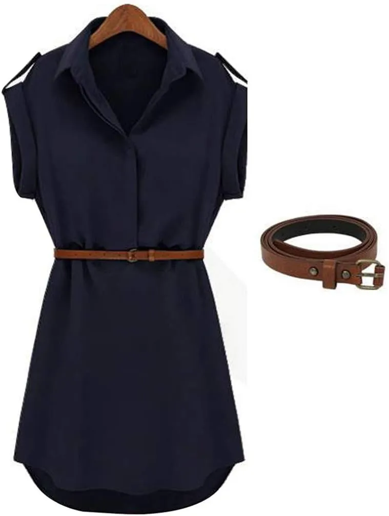HHmei Women Casual Summer Loose Short Sleeve Dress with Belt